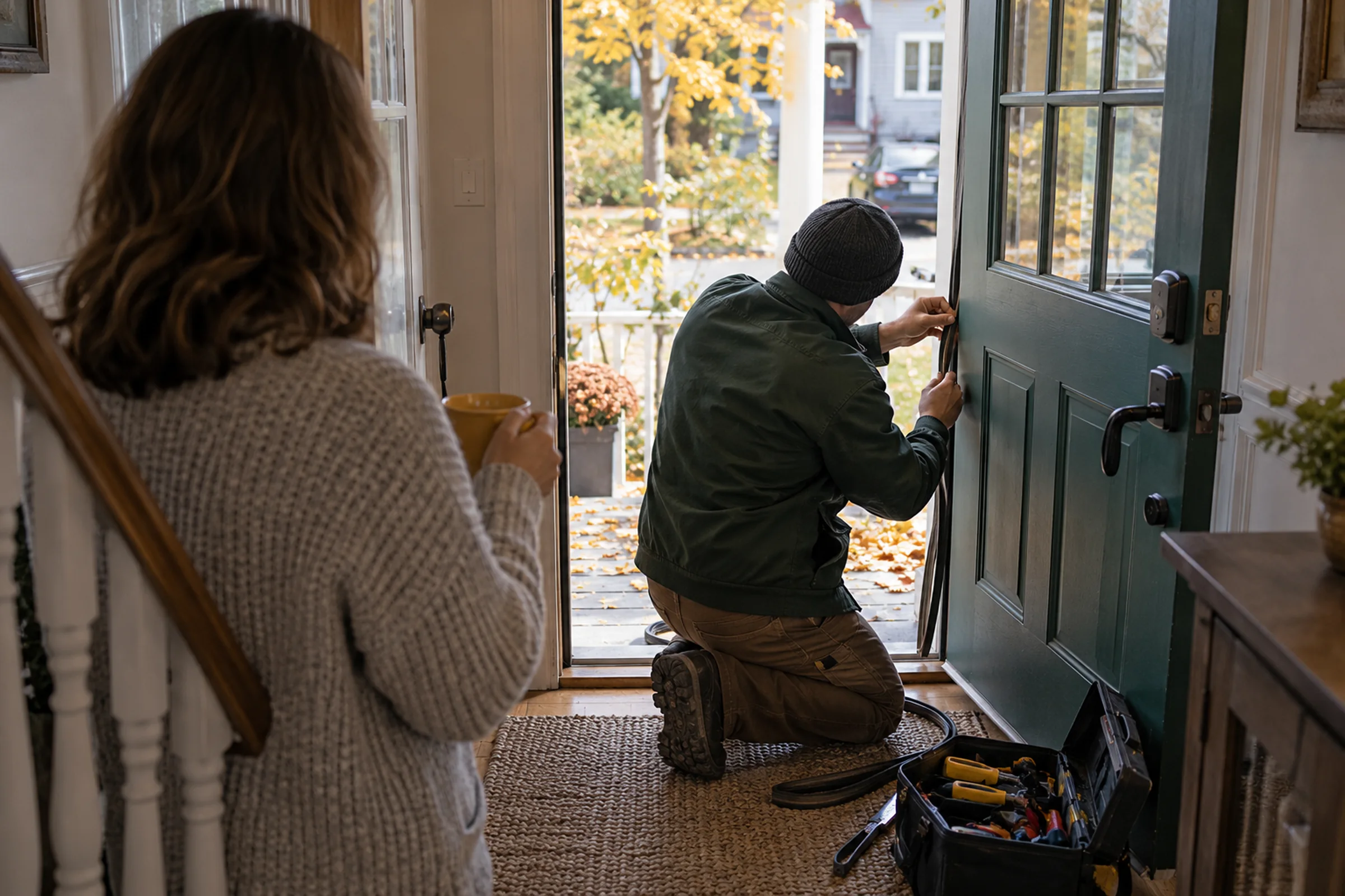 An installer weatherstripping a front door in a modest home while the homeowner looks on.