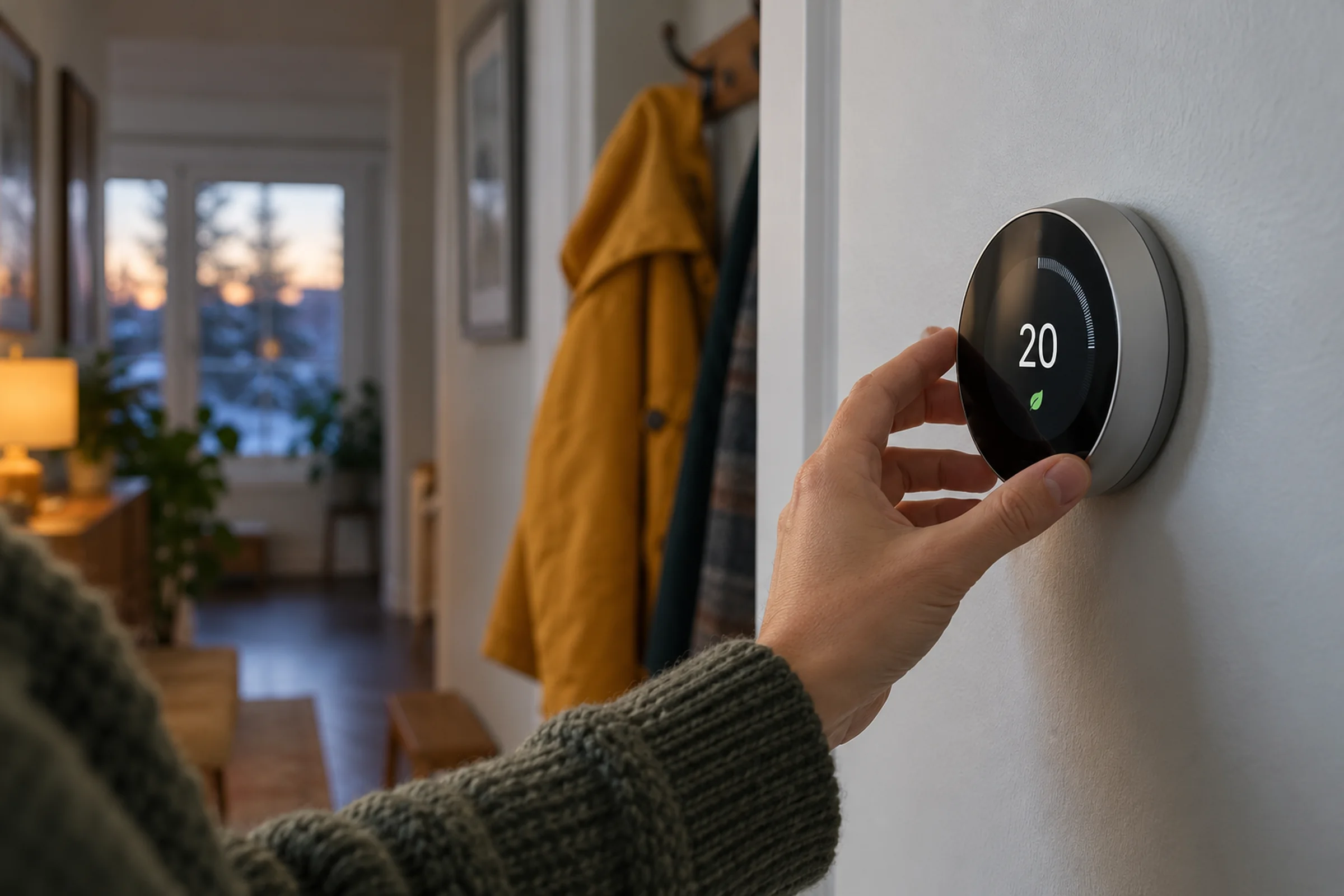 A hand adjusting a round smart thermostat on a hallway wall, the display showing 20 degrees.