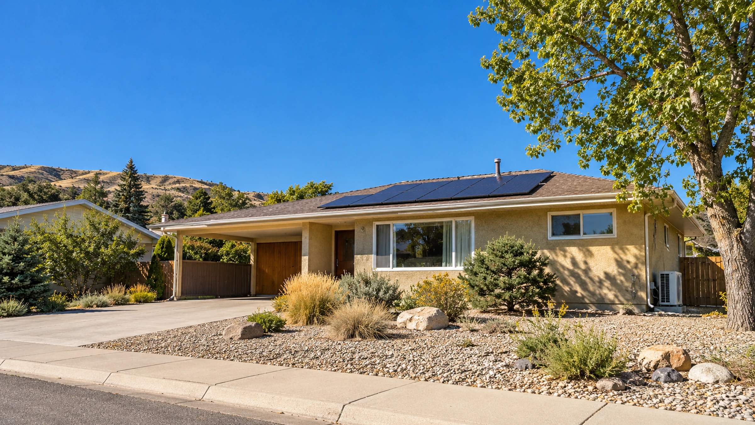 A Medicine Hat bungalow with rooftop solar panels under a wide clear sky, dry grass and a heat pump by the side wall.