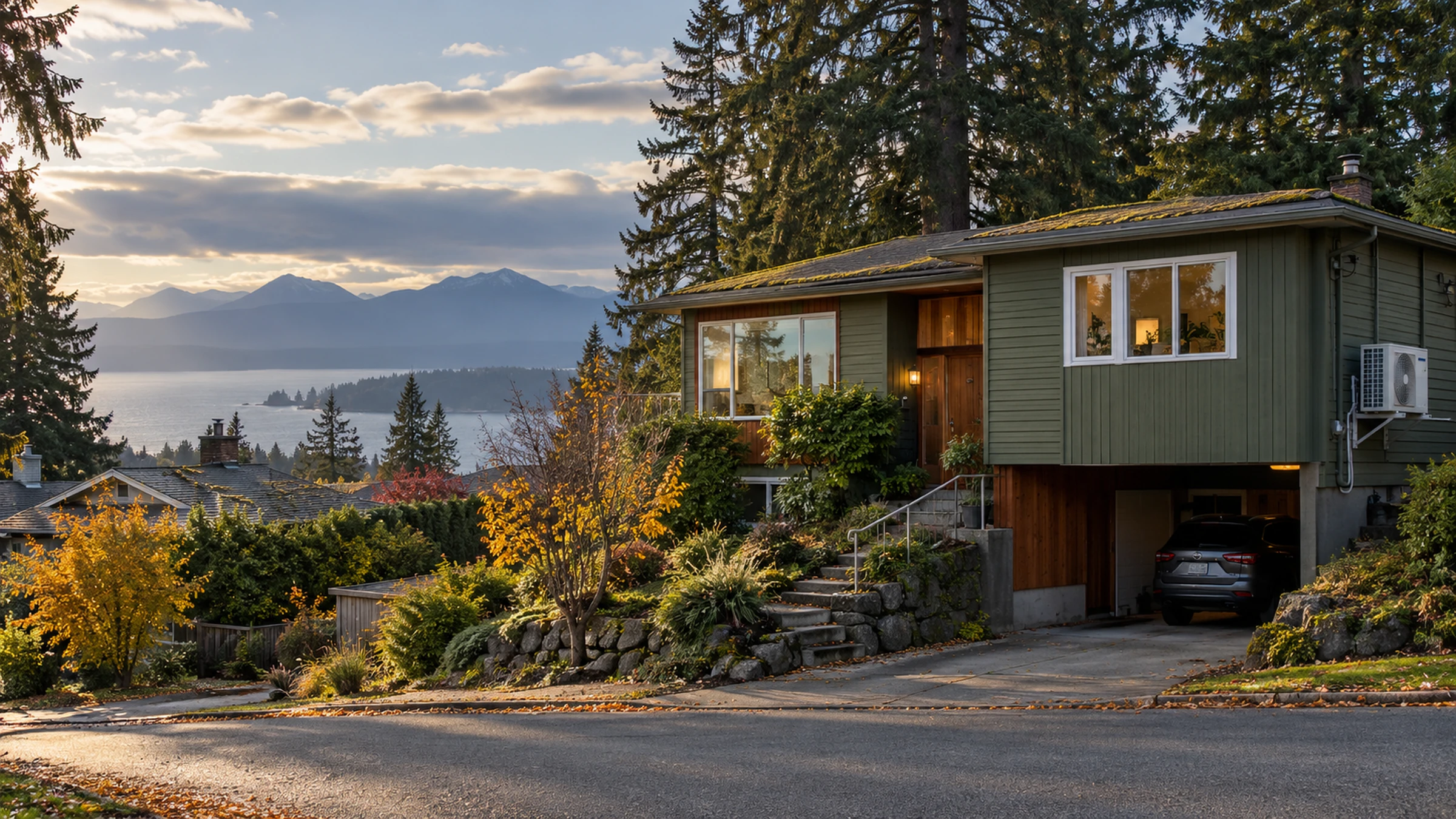 A 1970s split-level house on a sloping Nanaimo street with tall Douglas firs, new windows and a heat pump on the side.