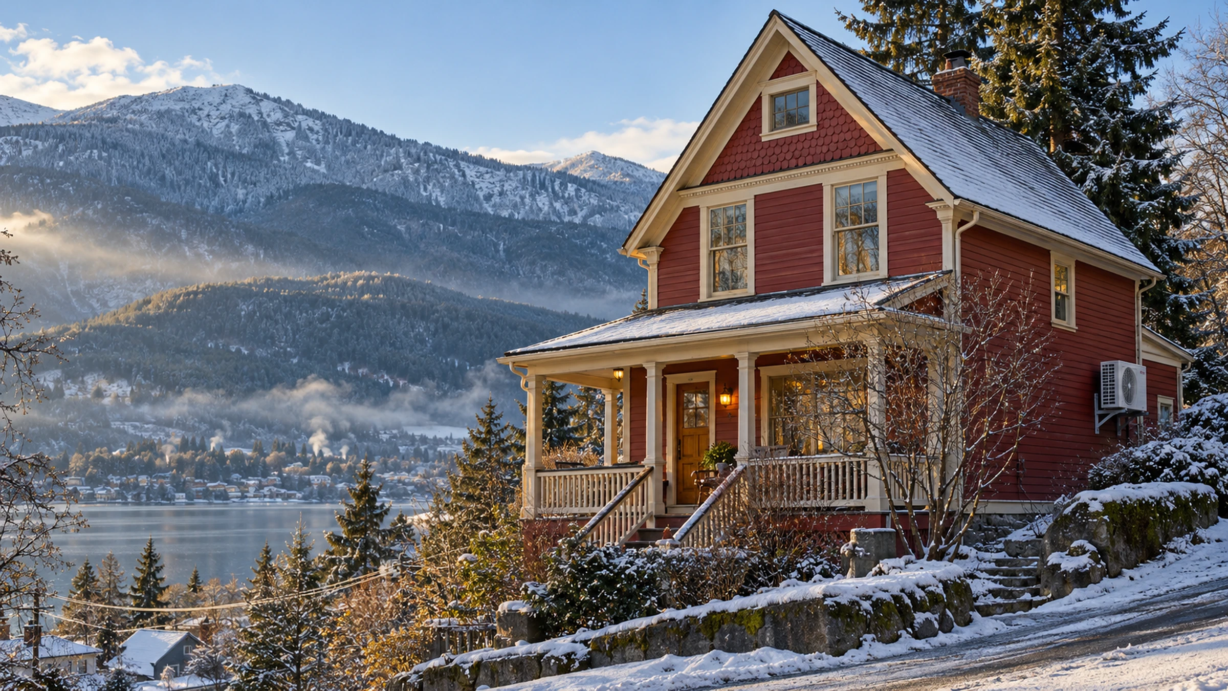 A restored wooden heritage house with a front verandah on a steep Nelson street, snow on the mountains behind.