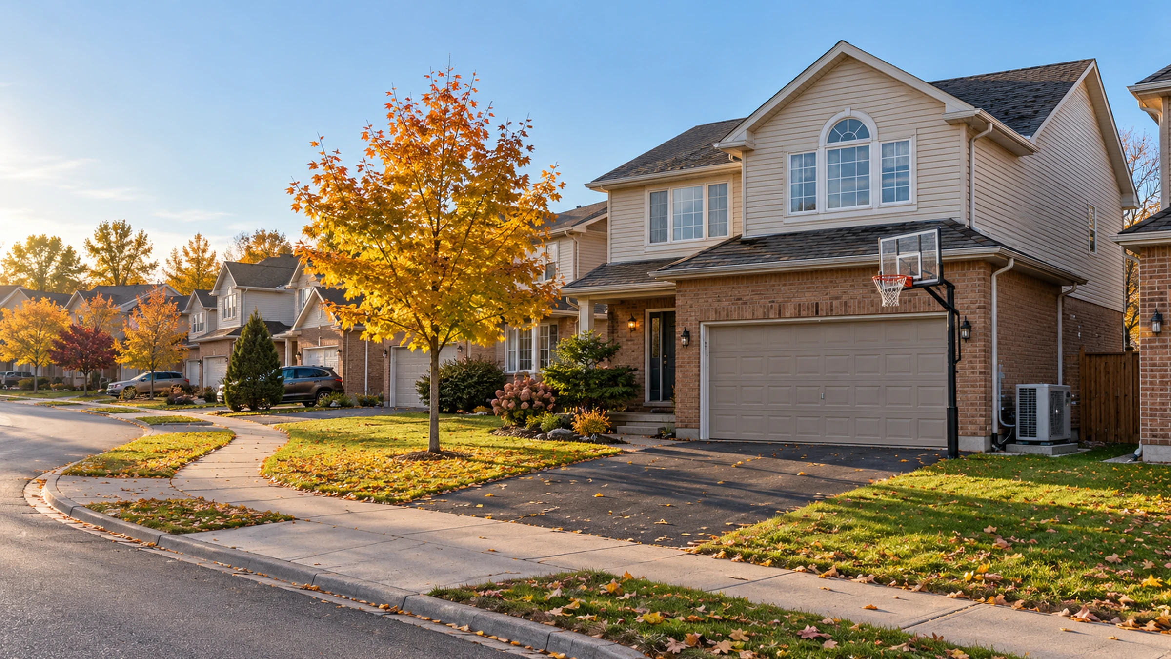 A 1980s two-storey brick-and-siding house in a Durham Region suburb, with a heat pump beside the garage.