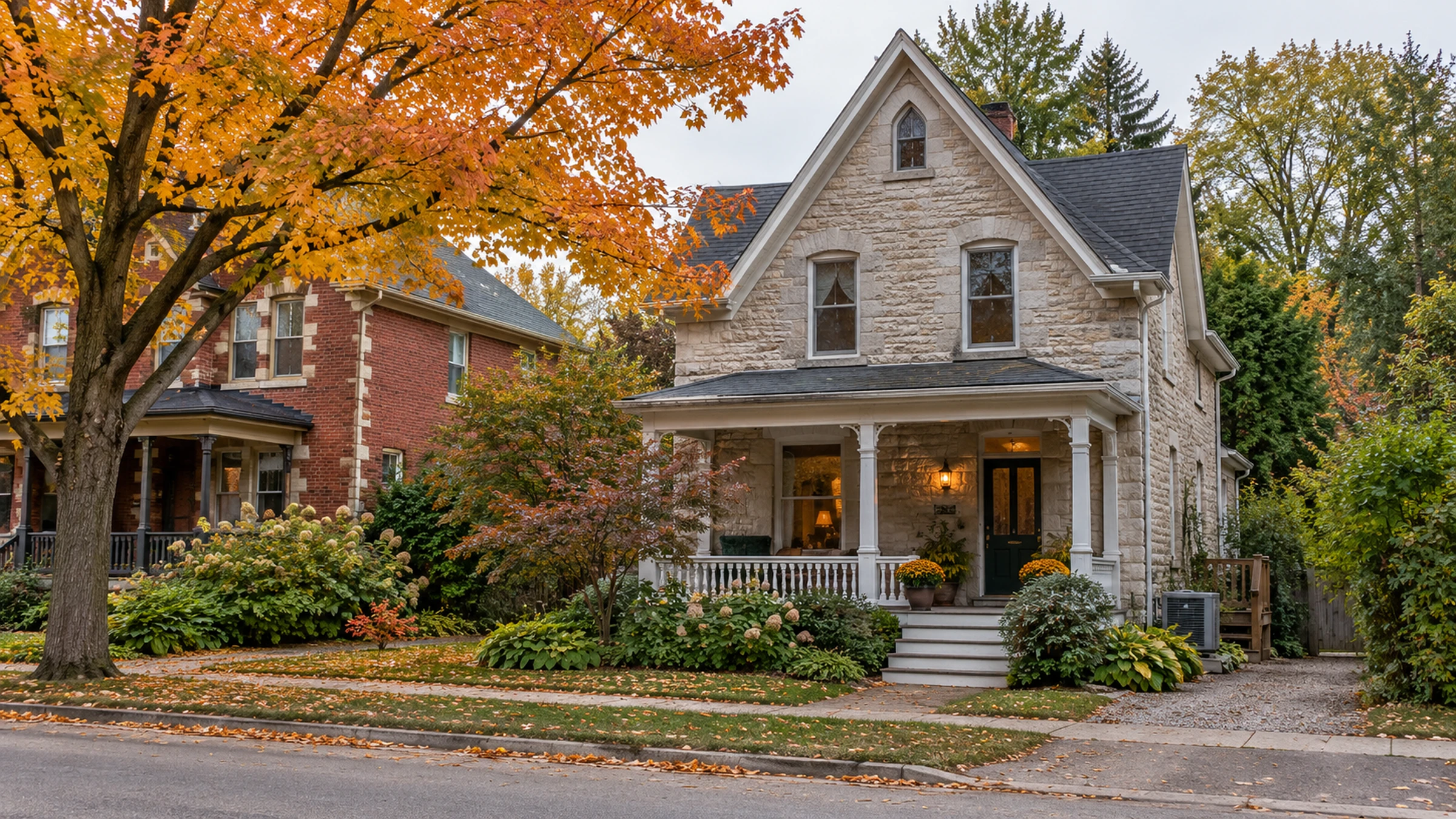 A limestone house with a front porch on a quiet Guelph street, a heat pump unit tucked beside the side steps.