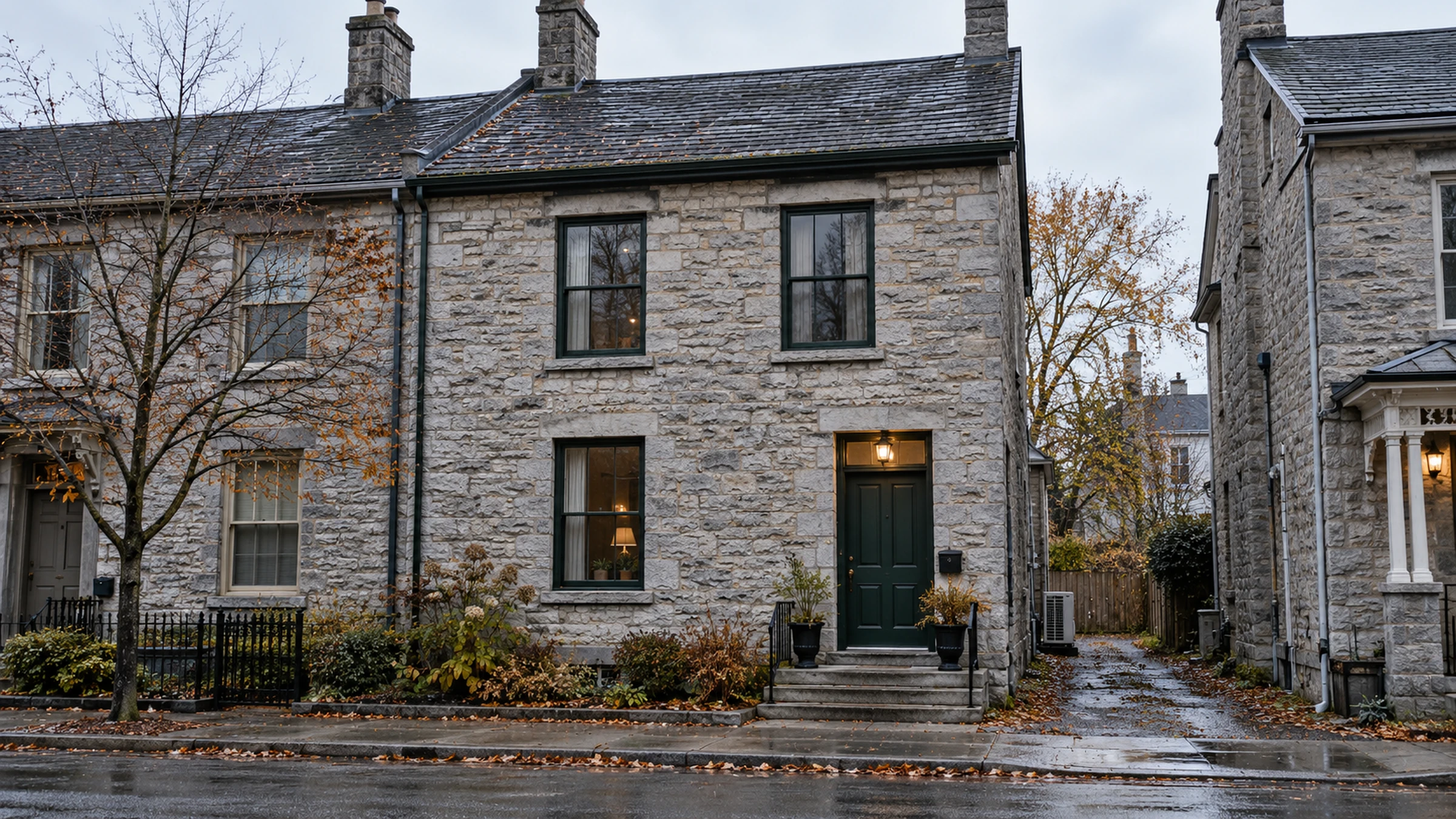 A grey limestone row house on a quiet downtown Kingston street, with new wooden windows and a small heat pump at the back.