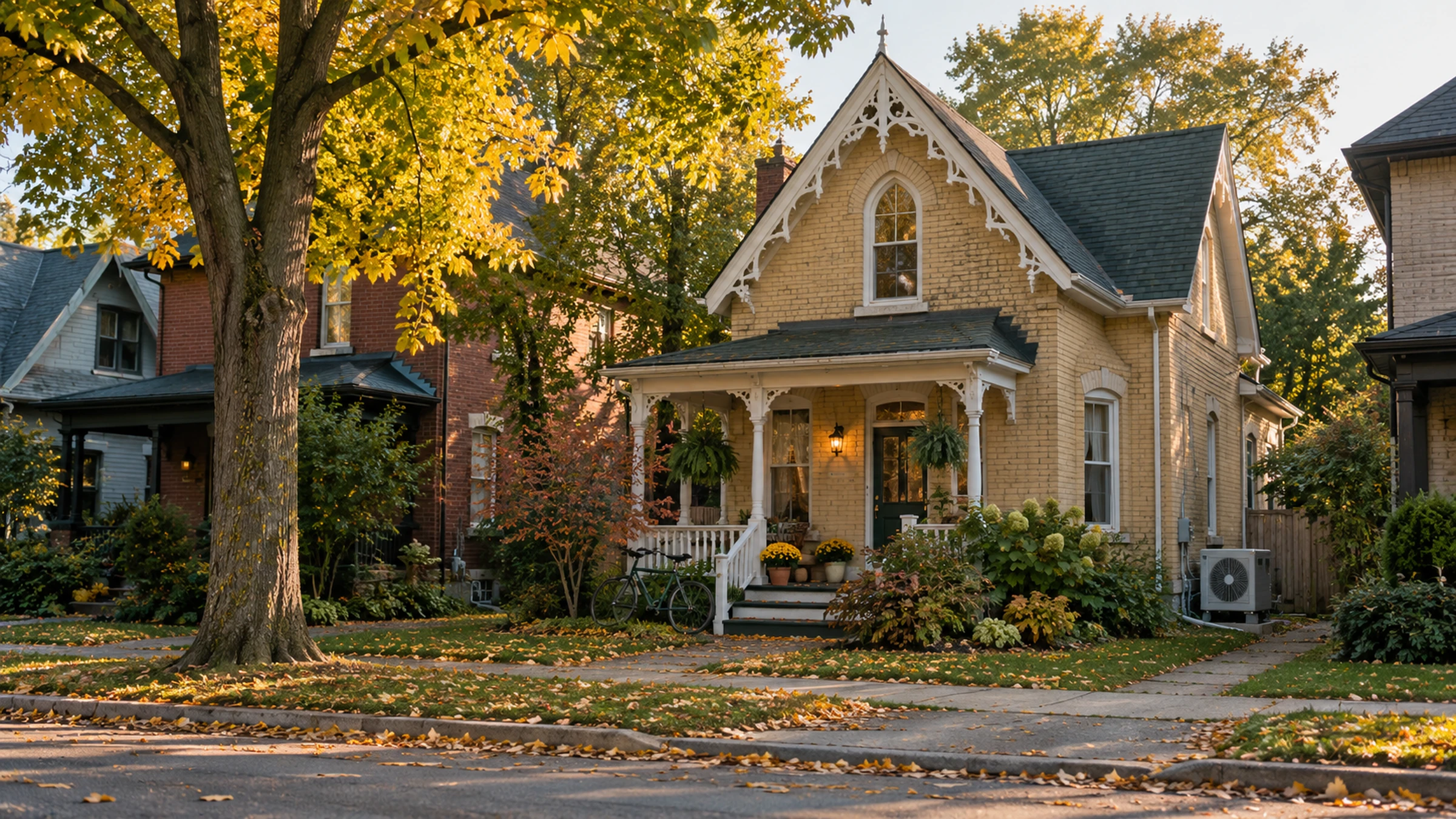 A yellow-brick Victorian cottage with a gingerbread-trimmed gable on a tree-lined London, Ontario street, a heat pump at the side.