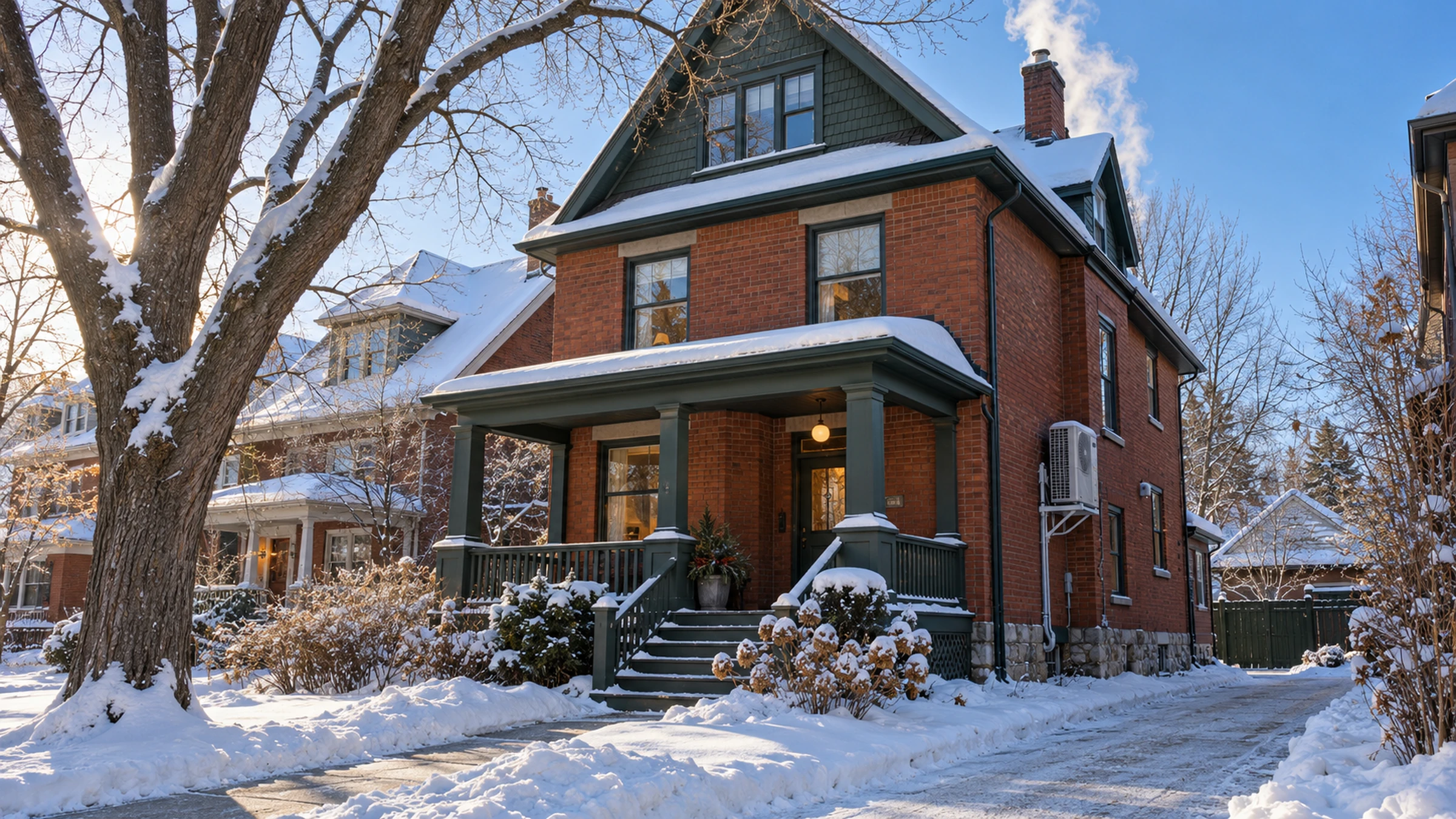A red-brick Ottawa house with a deep front verandah in winter, snow on the roof and a heat pump on a raised stand beside it.