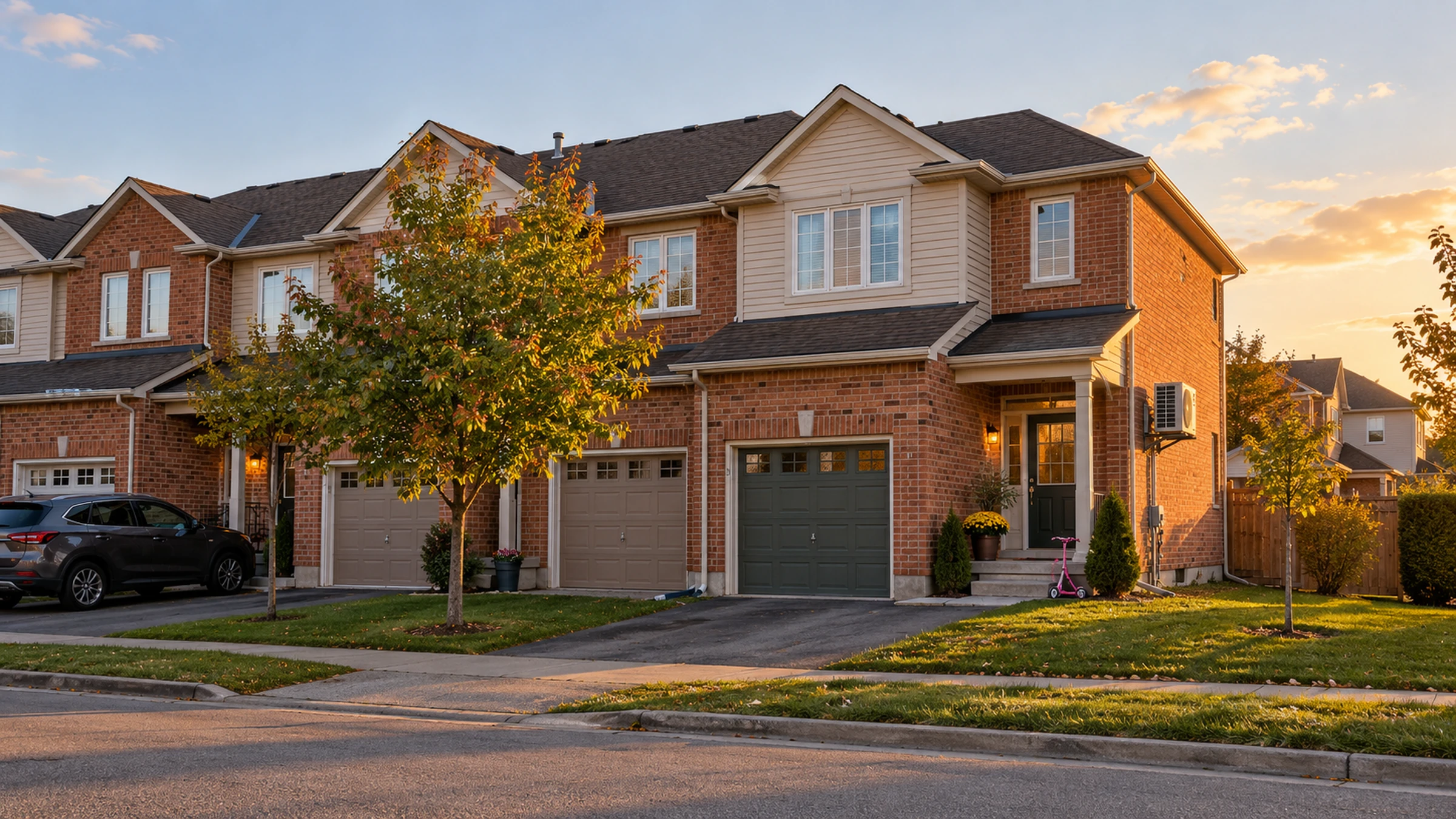 A row of 1990s brick townhouses in Brampton with small front yards, one with a heat pump unit on its side wall.