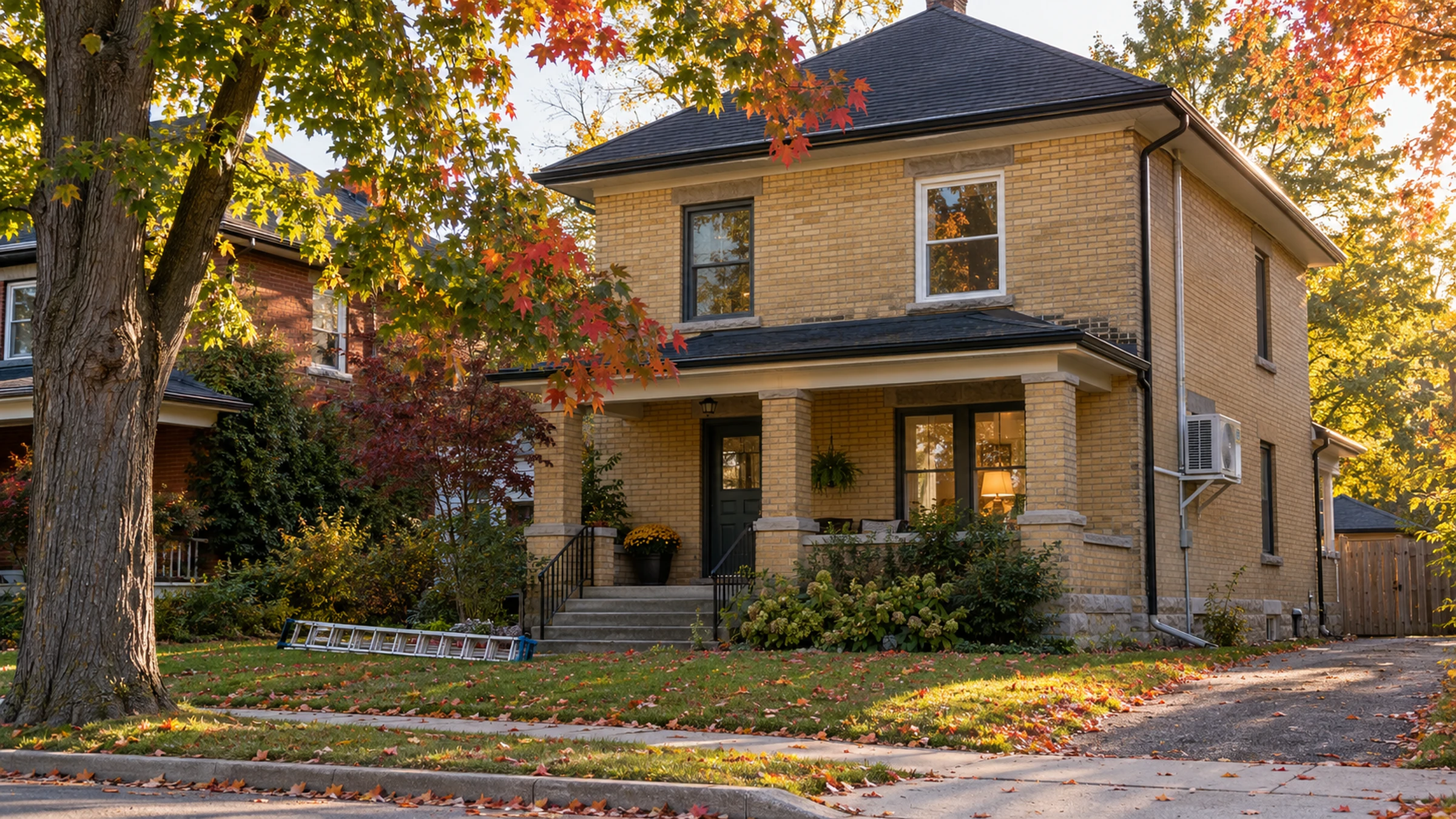 An older yellow-brick house with a front porch on a Peterborough street, with new windows and a heat pump at the side.