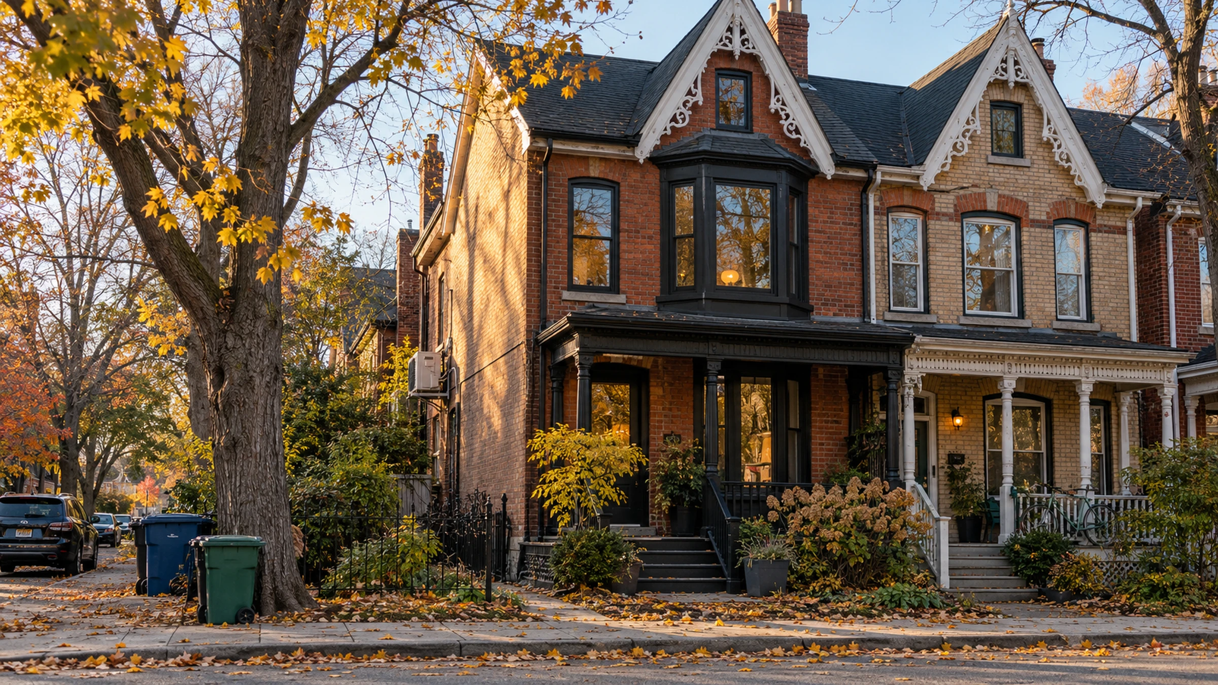 A pair of red-brick Victorian semi-detached houses in Toronto with gabled roofs and front porches, a slim heat pump unit on the side wall of one.