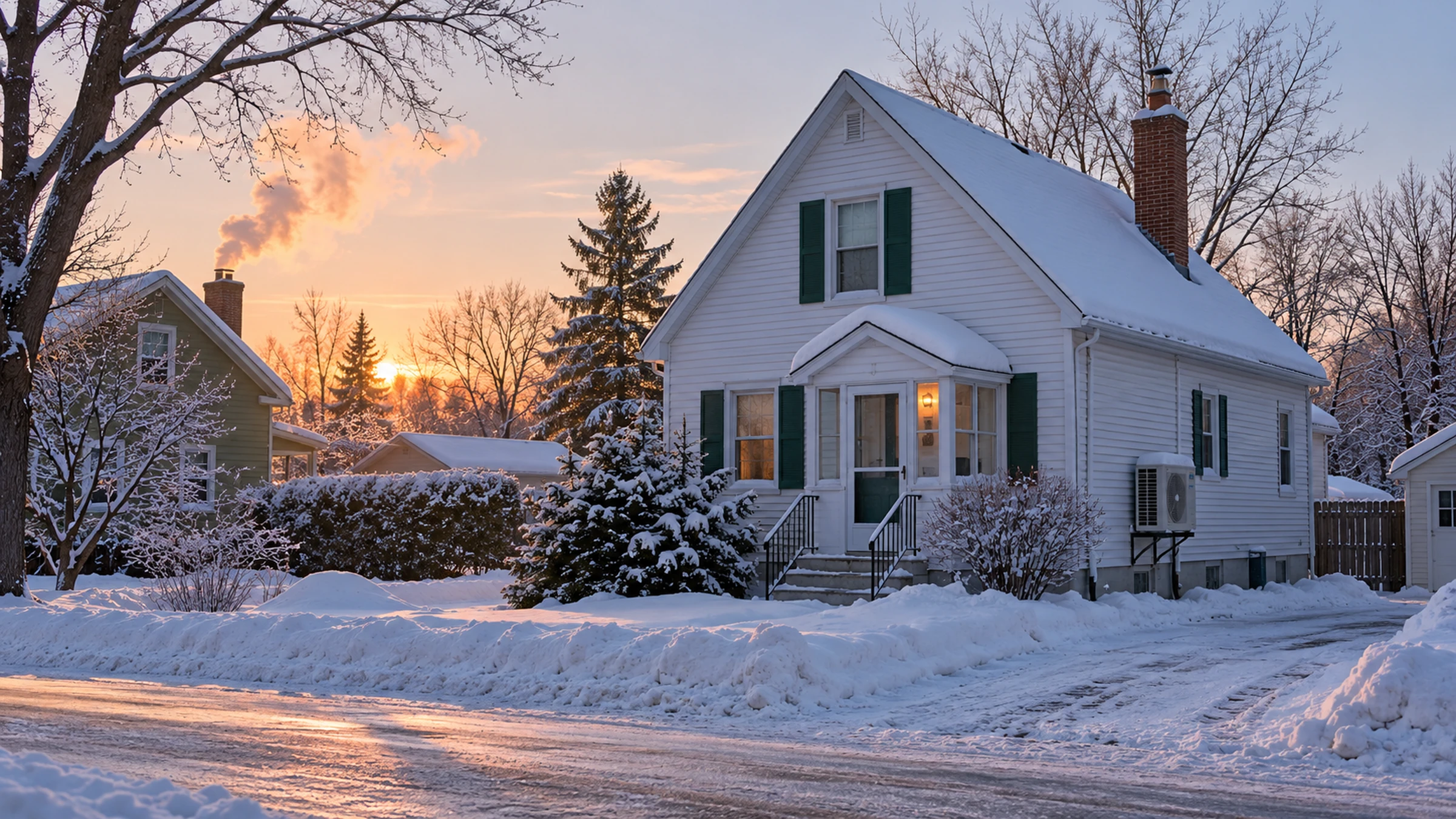 A wartime storey-and-a-half house in Gatineau's Hull sector in winter, with a heat pump on a bracket above the snow.