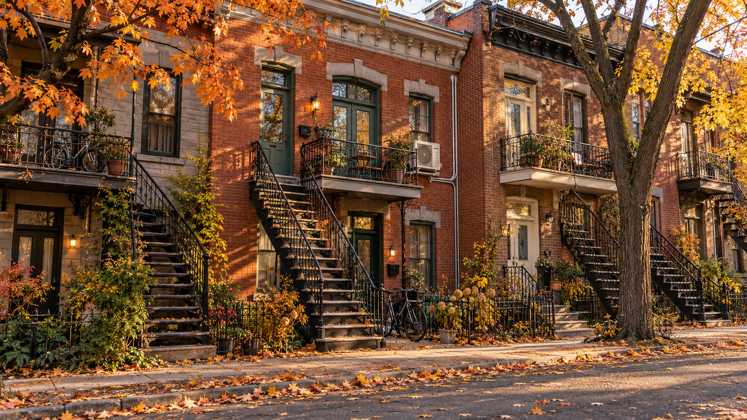 A row of brick Montréal plexes with curving exterior iron staircases and balconies, a heat pump on one balcony.