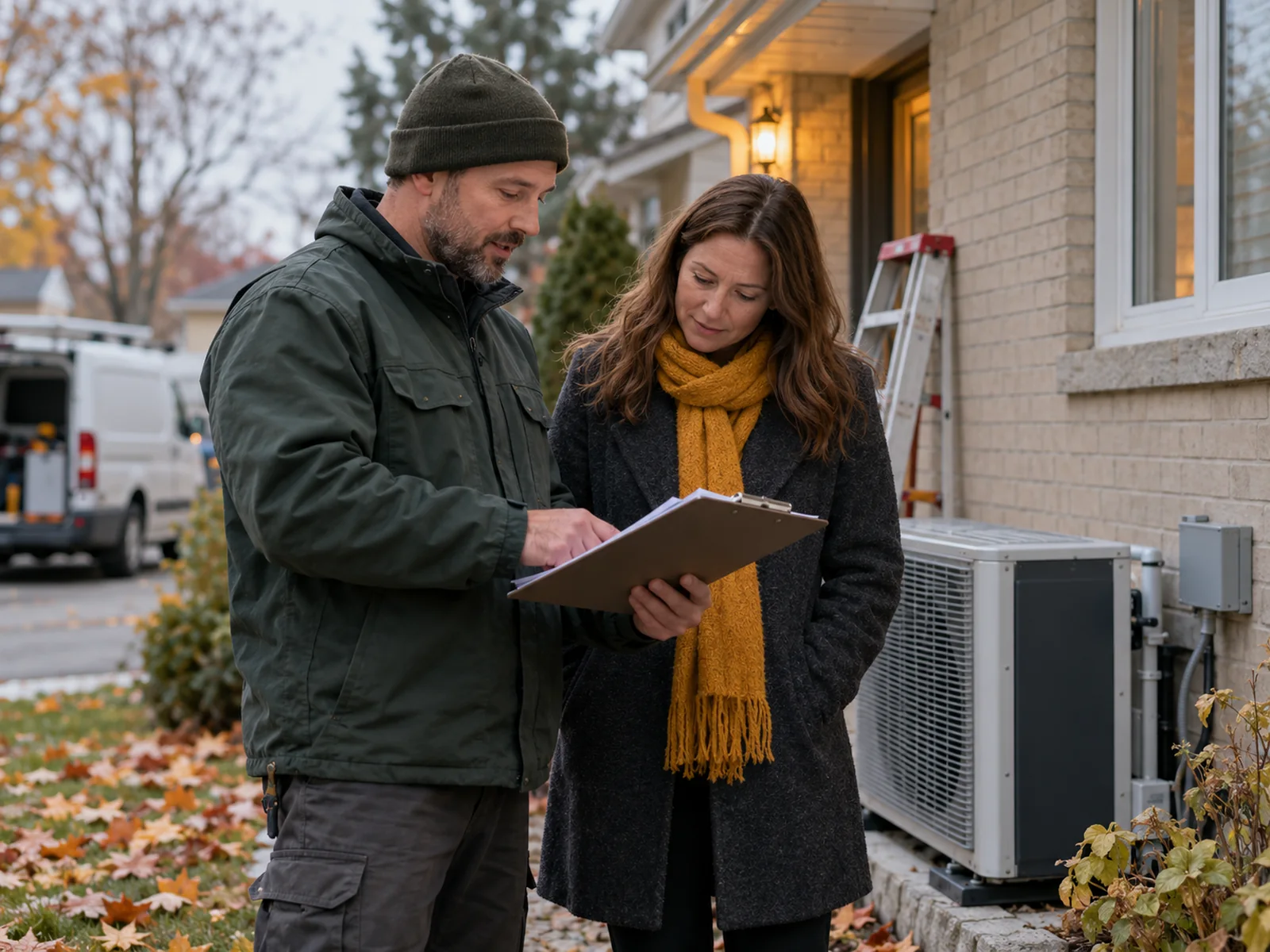 An installer and a homeowner look at a heat pump spec sheet together at the side of a house.