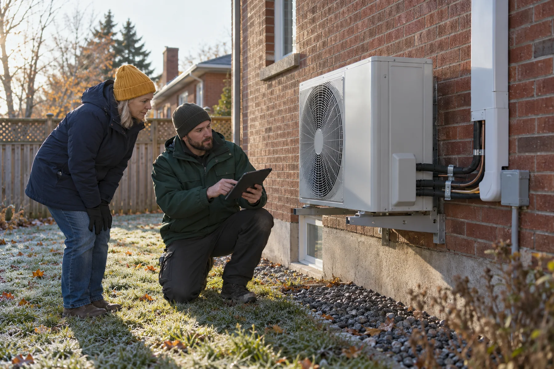 An installer and a homeowner look over a cold-climate heat pump's outdoor unit beside a brick house on a frosty morning.