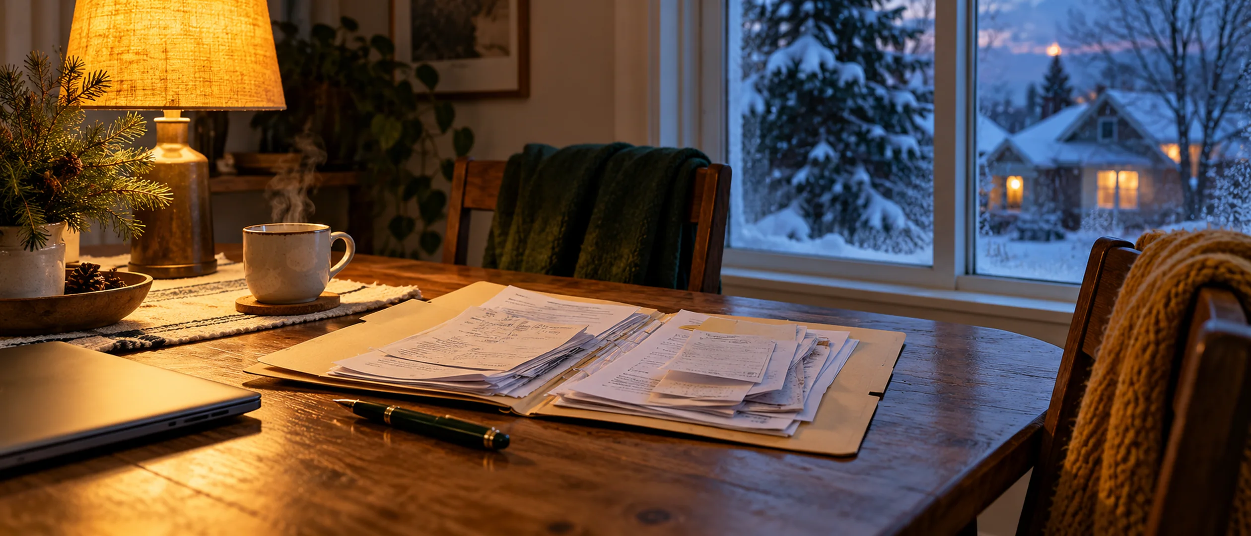 A folder of receipts, a pen and a cup of tea on a table by a frosted window at dusk.