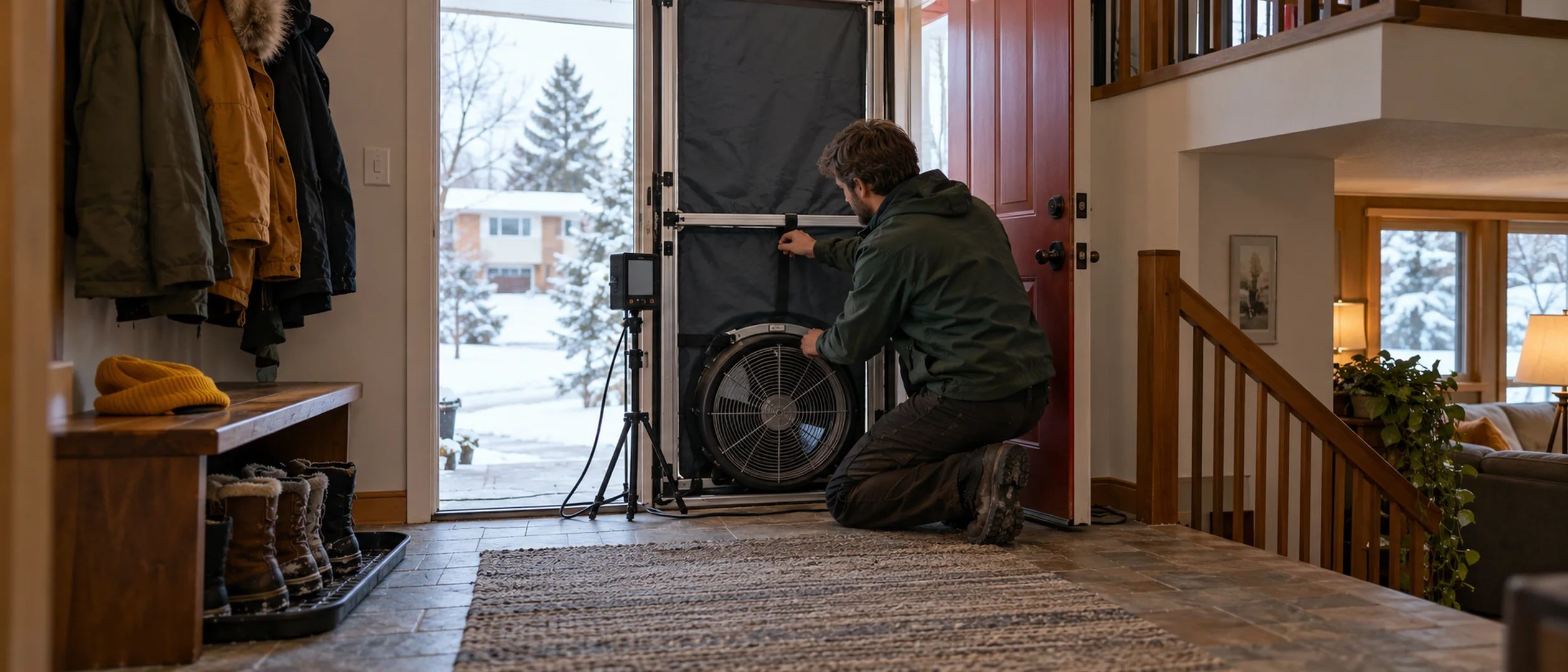 An energy advisor sets up a blower door fan in the front doorway of a house to measure air leakage.