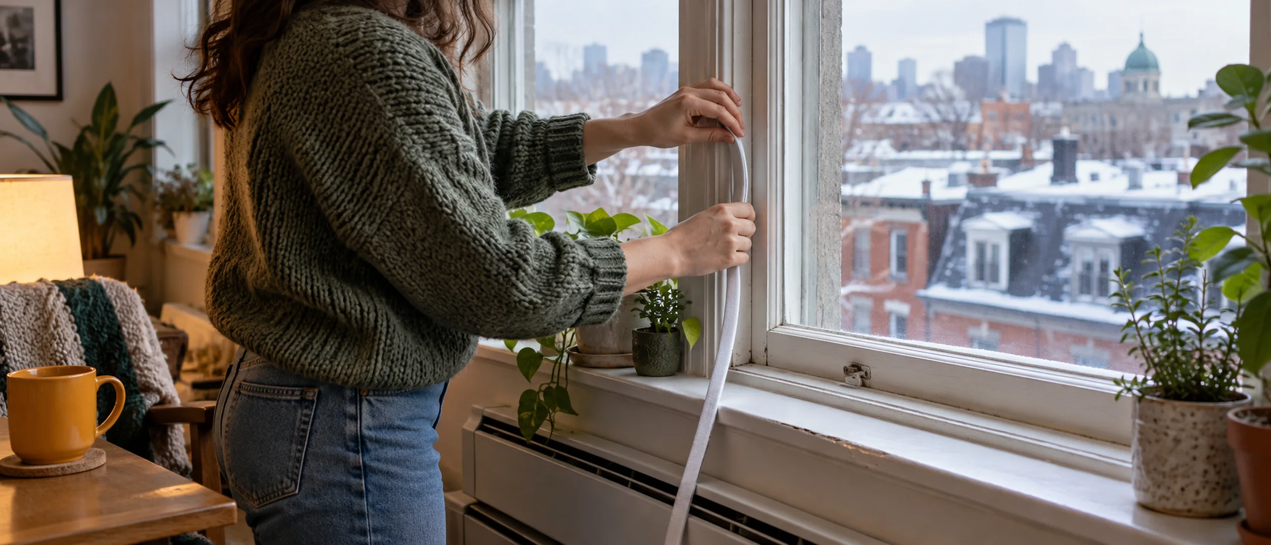 A renter presses new weatherstripping along an apartment window frame next to houseplants and a baseboard heater.