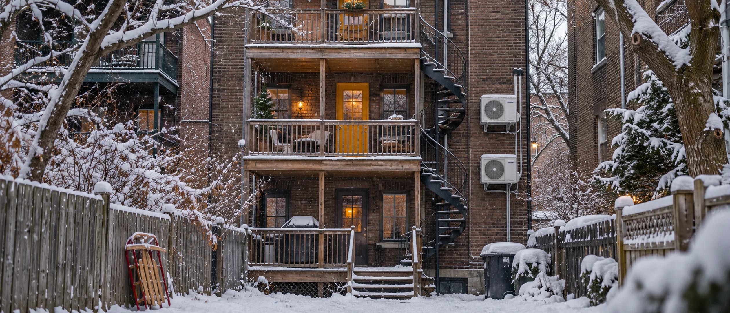 The back of a Montréal triplex in winter, with heat pump units mounted on brackets under the balconies.