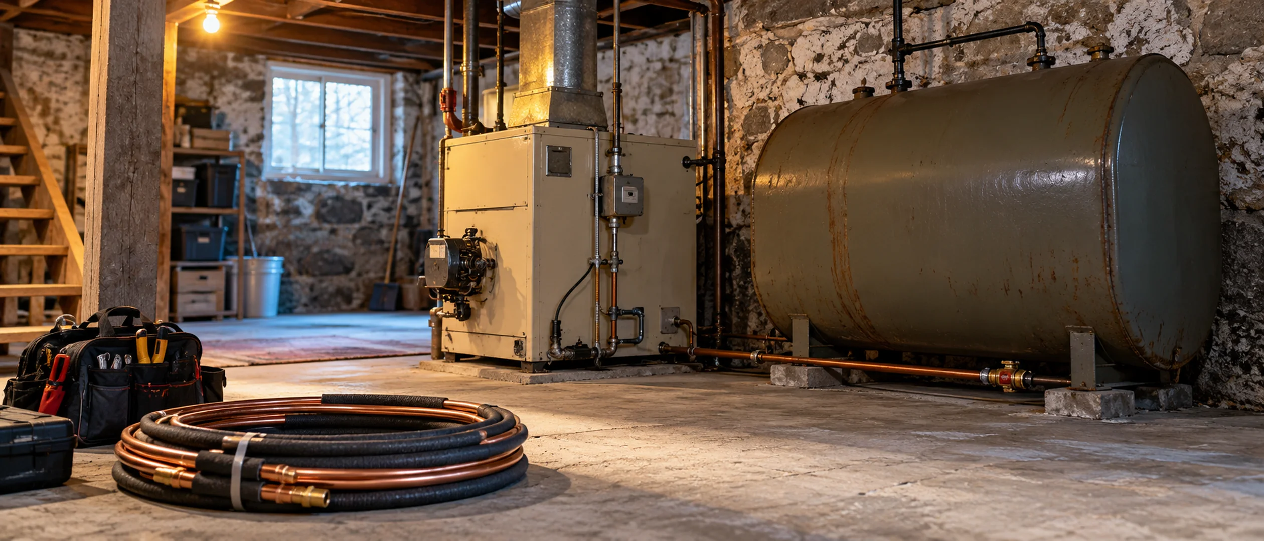 An old oil furnace and tank in an unfinished basement, with a coil of copper line set ready for a new heat pump.