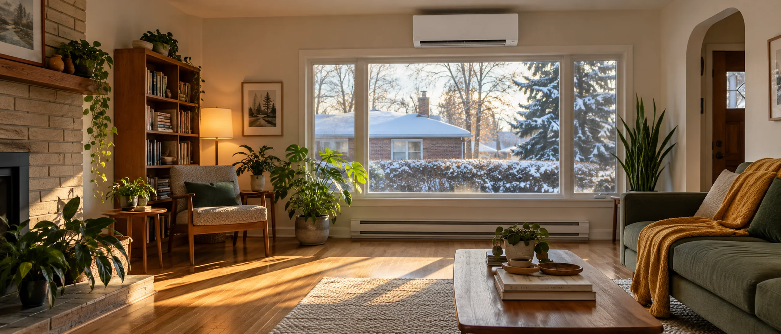 A ductless heat pump head mounted high on the wall of a bright living room in an older Ontario home.