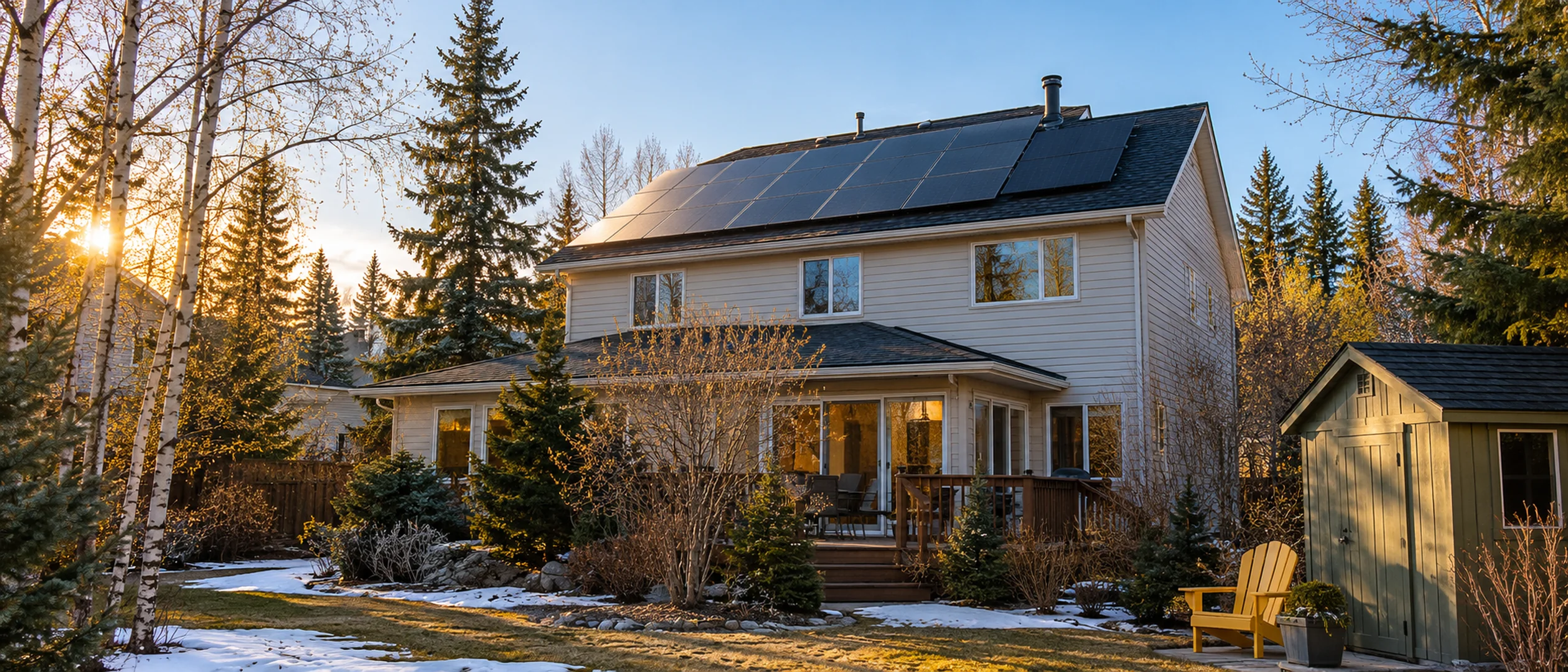 Rooftop solar panels on a two-storey house in late afternoon light, with birch and spruce trees around it.