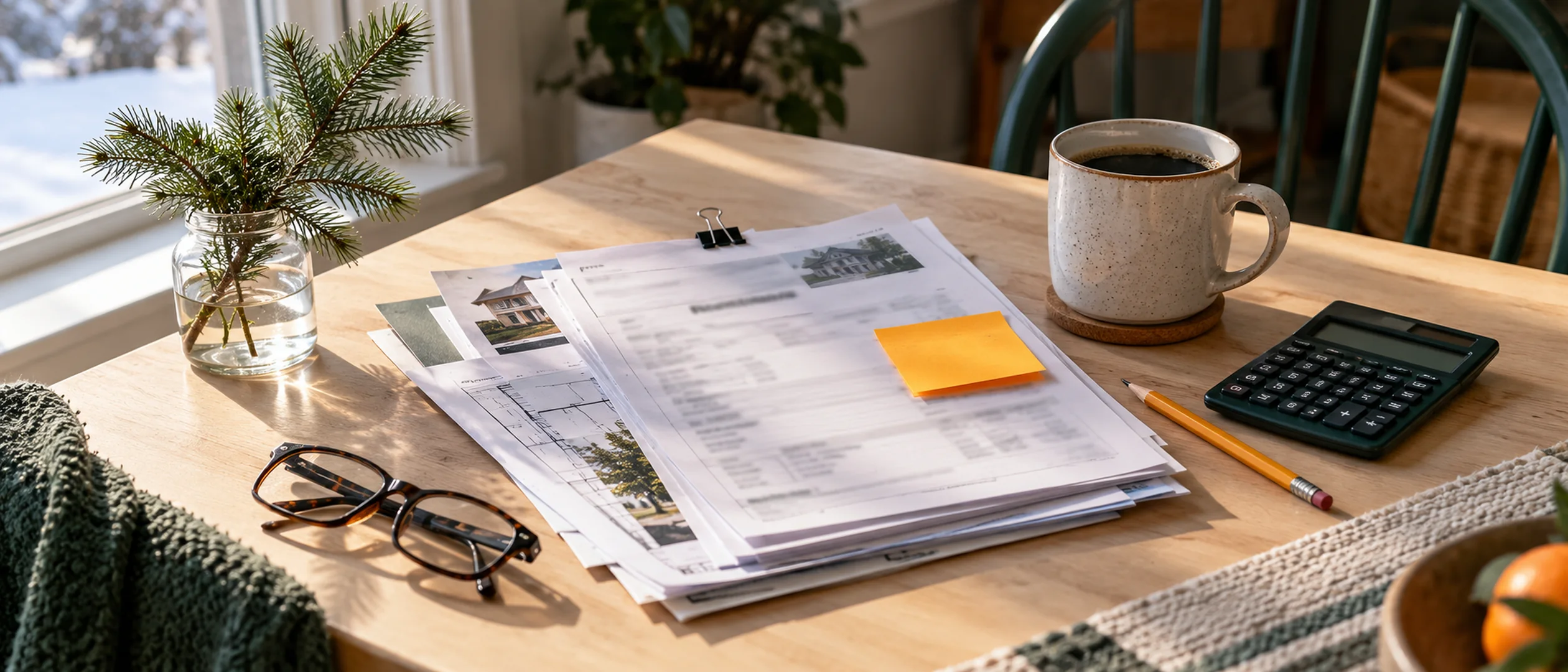A neat stack of paper invoices and rebate forms on a kitchen table beside a pencil and a mug of coffee.