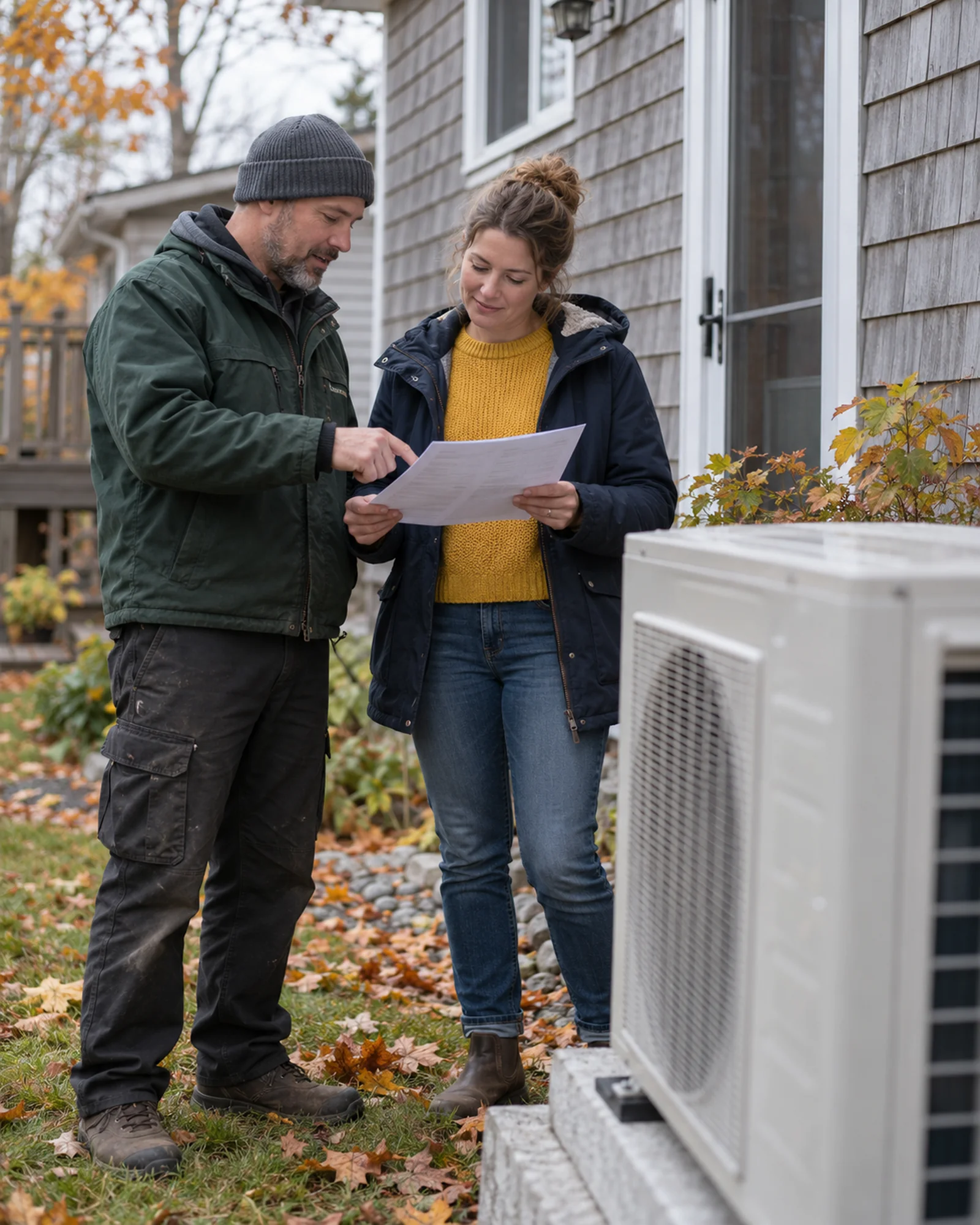 An installer and a homeowner talk beside a newly installed heat pump outside a house, the homeowner holding a printed quote.