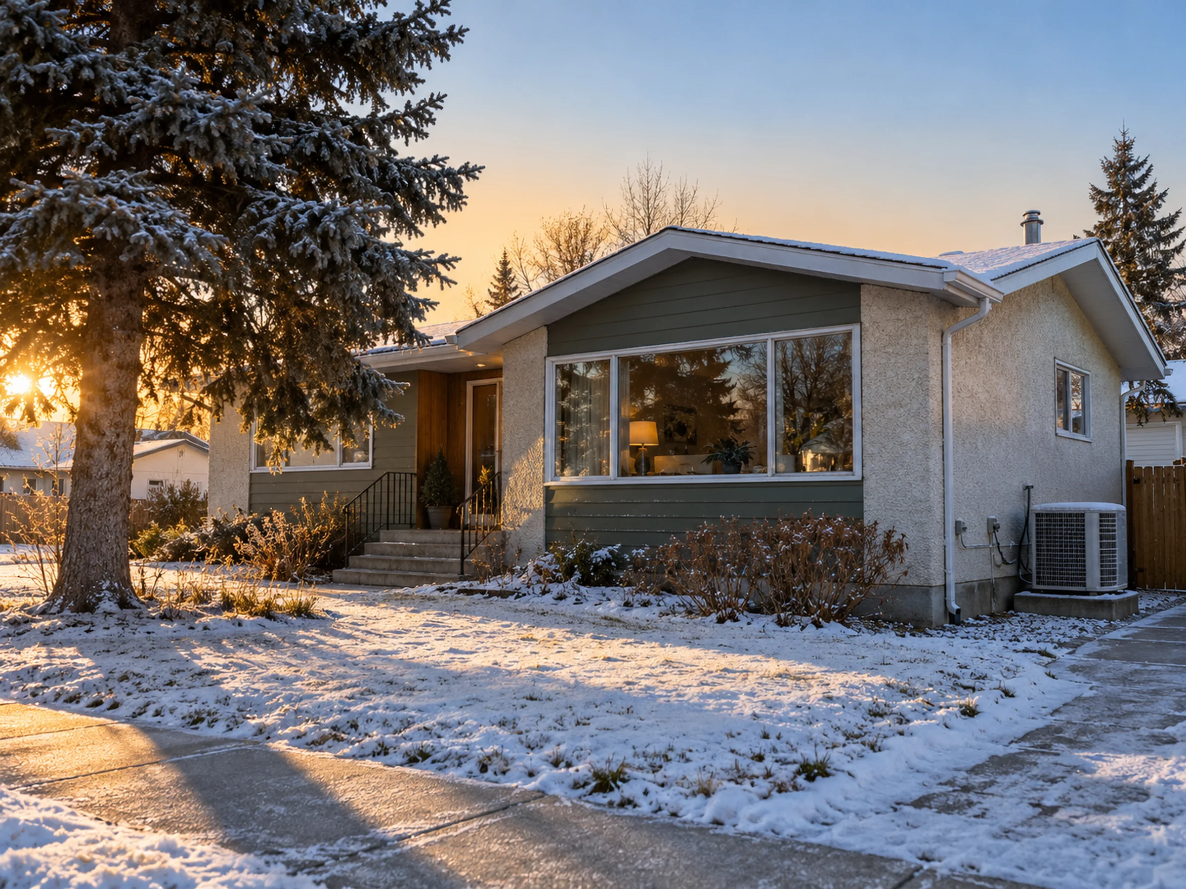 A 1960s Calgary bungalow with a low-pitched roof and a big front window, a heat pump unit beside it on a crisp winter morning.