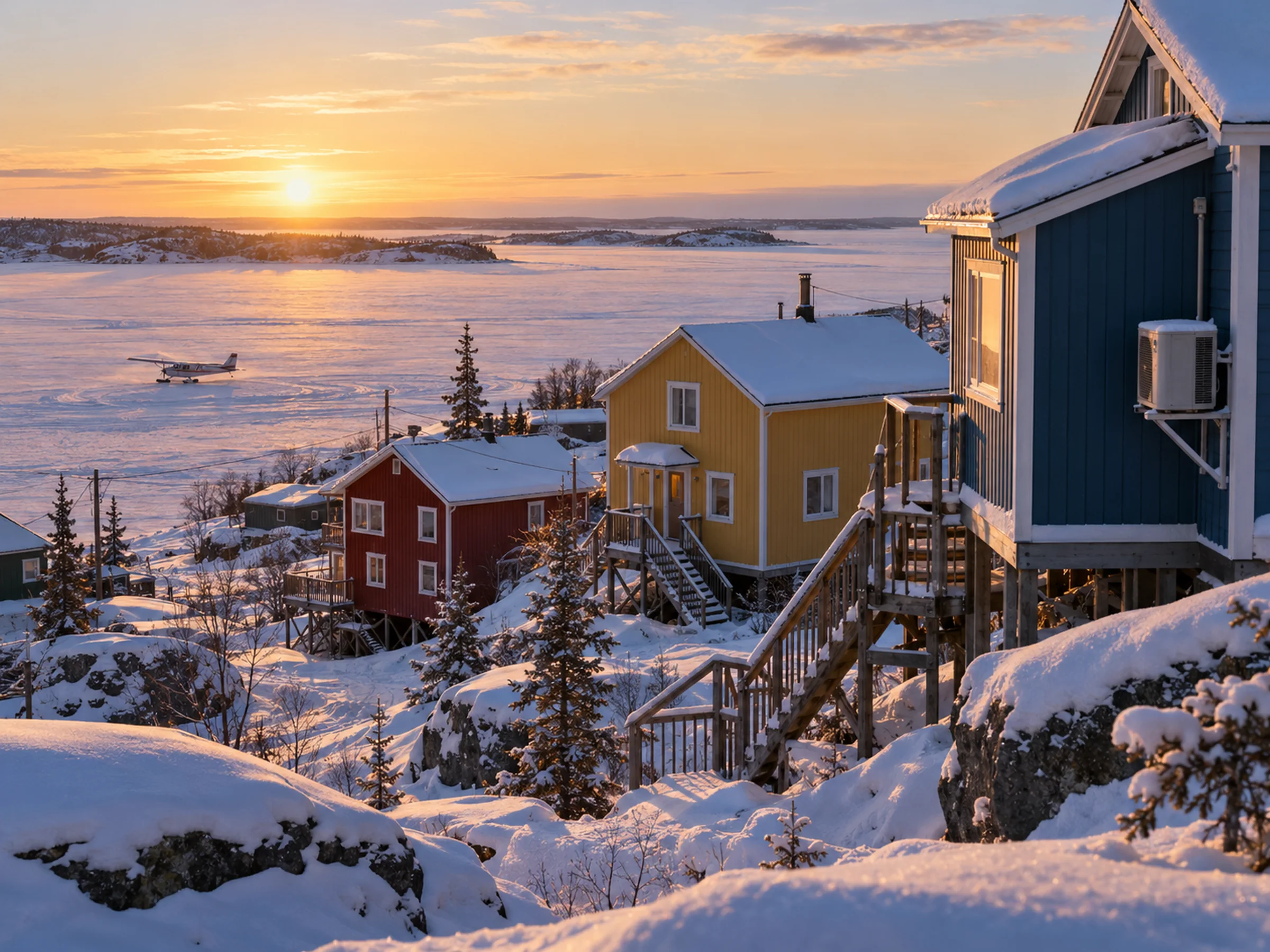Colourful houses on rock outcrops in Yellowknife's Old Town in winter, with frozen Great Slave Lake beyond.
